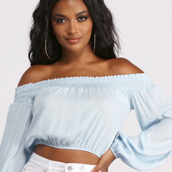 Windsor Tops - Windsor Baby Blue Off Shoulder Smocked Crop Top | Balloon Sleeves | Size S